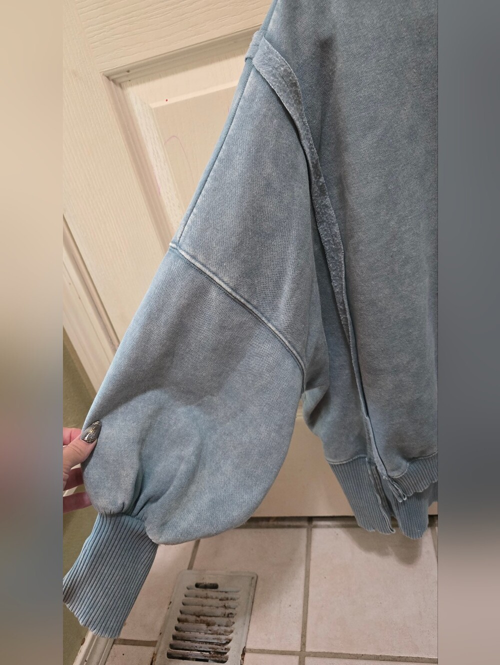 Washed Blue Women's Crewneck Distressed Sweater Puffy Sleeves - Picture 5 of 10